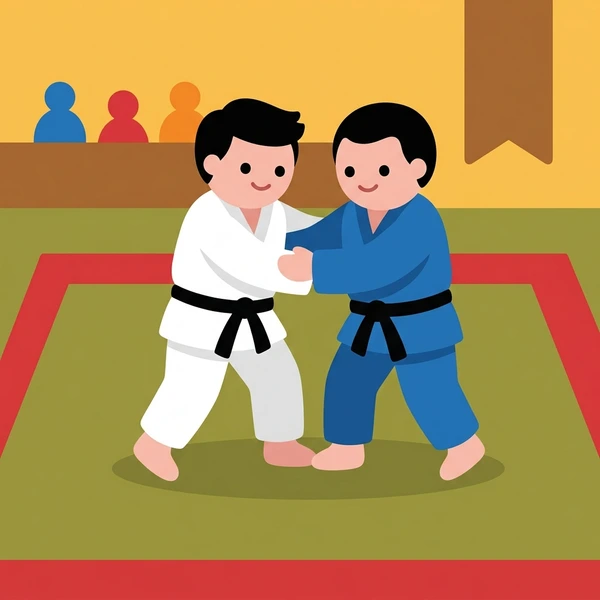 Two judokas in white and blue uniforms grappling on red tatami mat with spectators watching from above