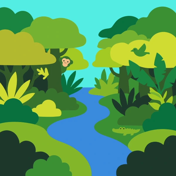 Winding blue river through a dense tropical jungle with a monkey, crocodile, and colorful birds