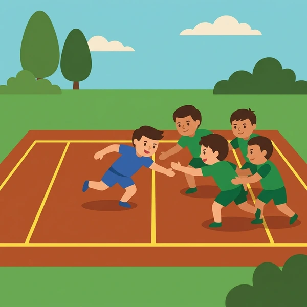 Blue-shirted kabaddi raider facing green-shirted defenders on brown dirt court with light blue sky and green trees