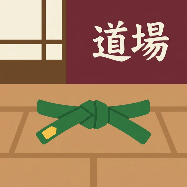 Green karate belt with yellow stripe tied in bow on brown wooden dojo floor beneath maroon banner and cream walls