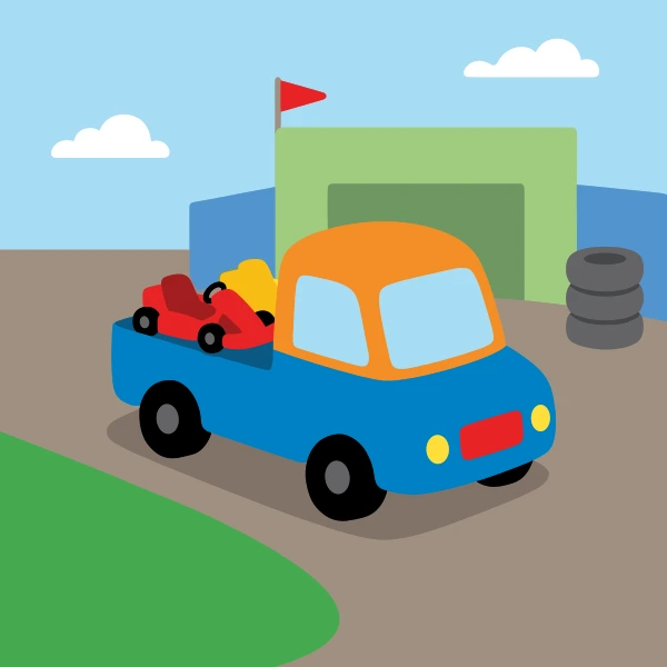 Deep blue, earth brown, and orange karting shuttle set against stars, planets, moons, or glowing space colors.