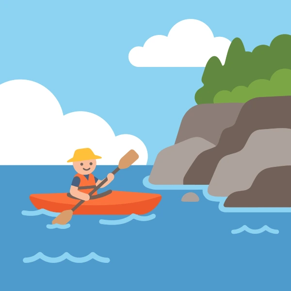 Orange, gray, and red kayak near sand, blue water, and palm trees, cliffs, or a pier.