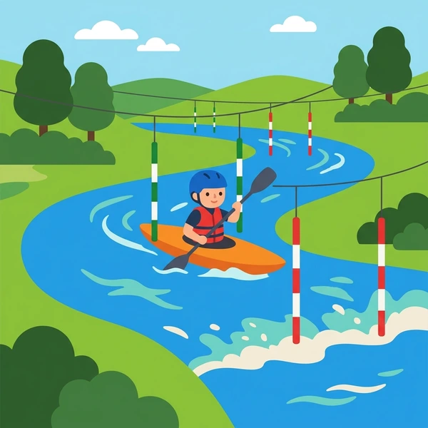Kayaker in orange kayak navigating red and white slalom gates on blue river surrounded by green rolling hills and trees