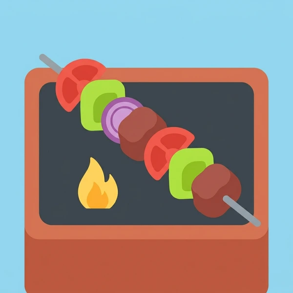 Kebab On Grill scene showing meat and vegetable kebab skewer, grill marks, peppers, onions, and grill surface in a food coloring puzzle