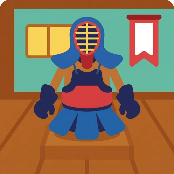 Kendo warrior in red armor and blue helmet with grid face guard standing in teal wooden dojo with Japanese flag visible