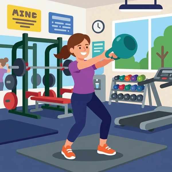 Woman in purple shirt and orange shoes performing kettlebell swing with teal kettlebell in modern gym with equipment and window