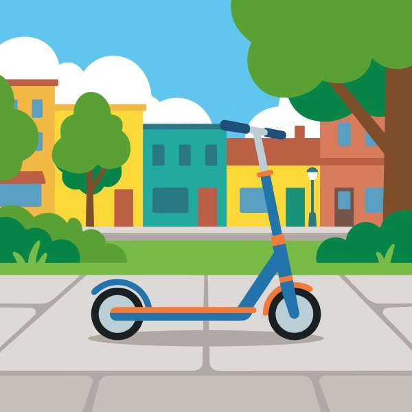 Kick scooter on sidewalk with teal and grass green body tones, sun yellow accents, and turquoise background.