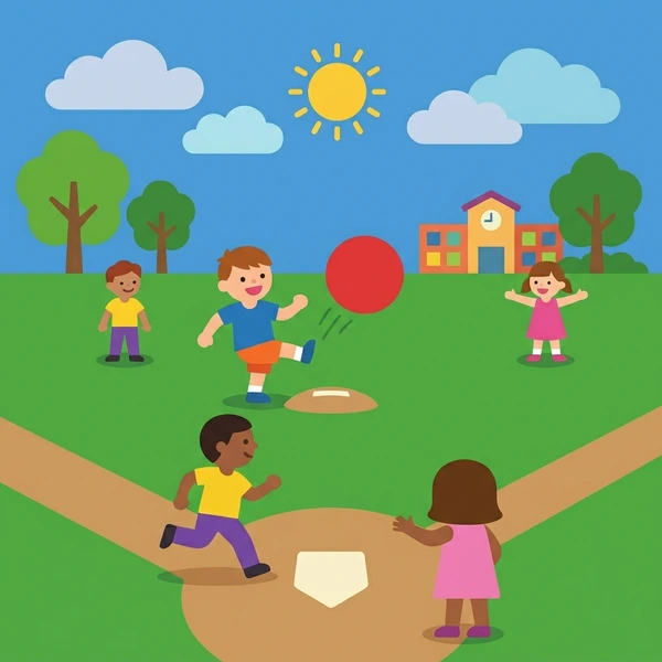 Four children playing kickball with large red ball on green grass playground with orange school building and trees in background