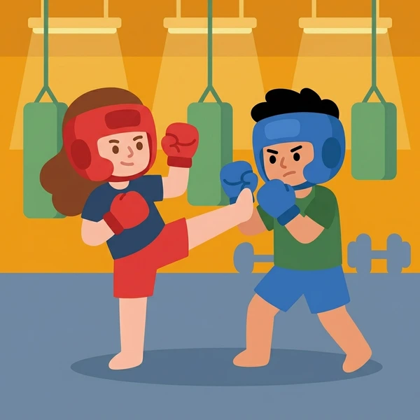 Two female kickboxers in red and blue headgear sparring under orange ceiling lights in gym with green hanging heavy bags