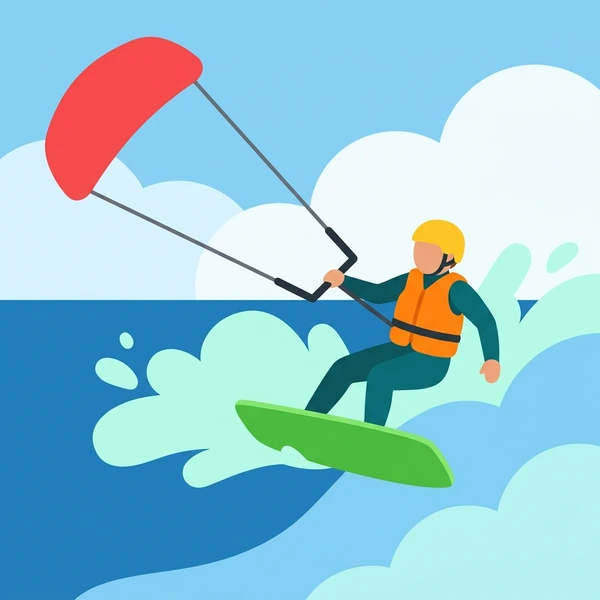 Kitesurfer in orange life vest performing trick over blue ocean waves with large red kite overhead and white spray and clouds