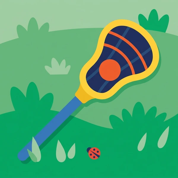 Lacrosse stick with navy and yellow netted head and blue shaft on green grass field with red ladybug and green bushes