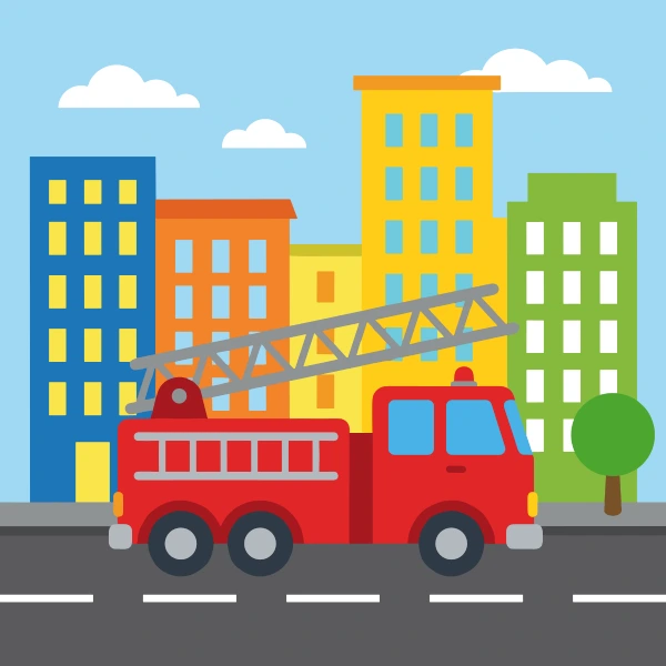 Ladder truck near city block, colored orange, tan, and gray, with light blue above and charcoal below.