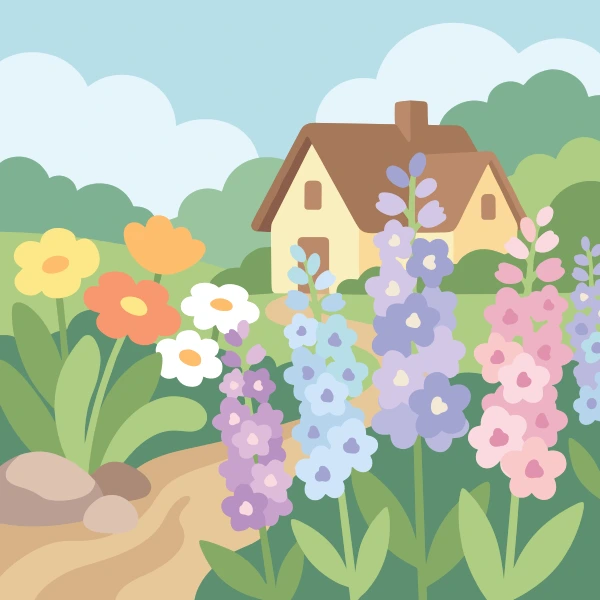 Tall purple and blue larkspur spires with pink and white flowers lining a garden path leading to a yellow thatched cottage