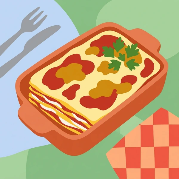 Lasagna In Baking Dish scene showing lasagna layers, meat sauce, bechamel, pasta sheets, and melted cheese crust in a food coloring puzzle