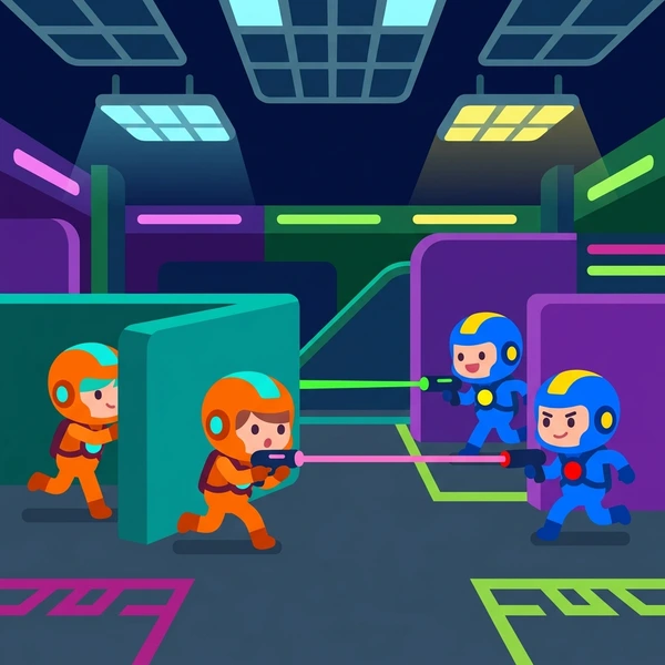 Eight players in orange and blue laser tag suits in dark neon arena with pink green yellow cyan lights and geometric cover structures