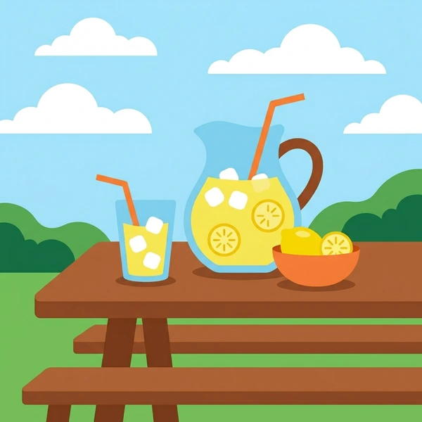 Lemonade On Picnic Table scene showing lemonade glass, ice, lemon slice garnish, straw, and outdoor picnic table in a food coloring puzzle