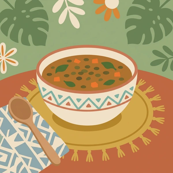 Lentil Stew In Bowl scene showing lentil stew, cumin and spice seasoning, herb garnish, and earthy ceramic bowl in a food coloring puzzle