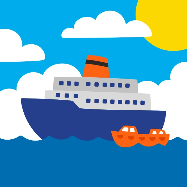 Navy blue, light gray, and mint green lifeboat on blue harbor water with docks, boats, cranes, or shoreline buildings.