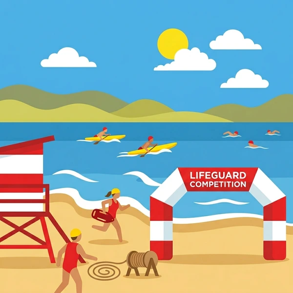 Lifeguards and swimmers at beach competition with red and white arch banner and lifeguard tower on tan sand under blue sky