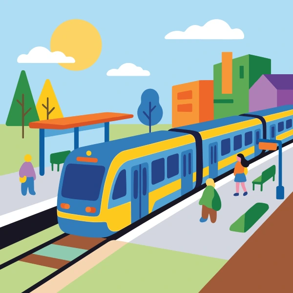 Light rail train at station, colored deep blue, navy blue, and orange, with light blue above and sand beige below.