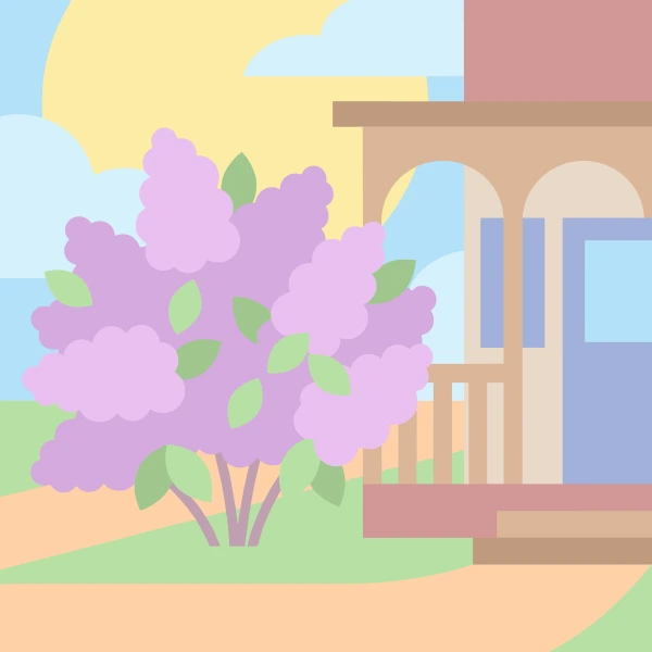 A large purple and lavender lilac bush in full bloom beside a house porch with arched columns on a sunny spring day