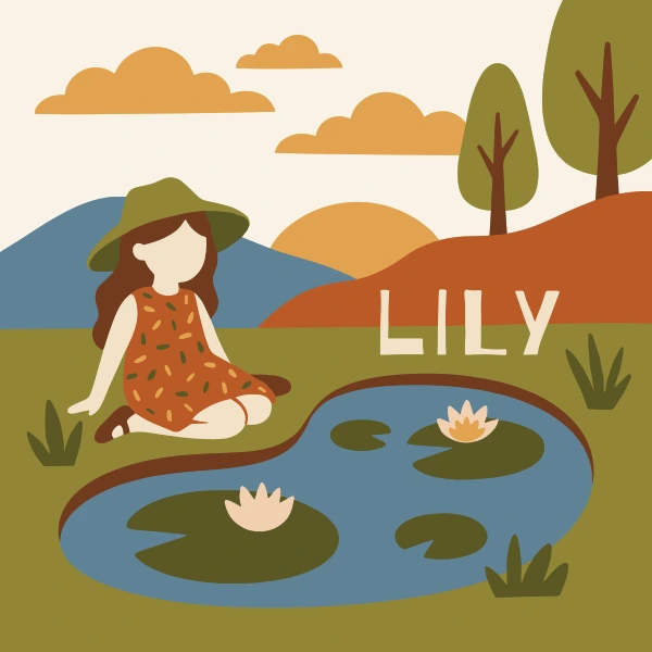 A girl in a wide hat and floral dress sitting beside a small pond with two white water lilies floating on still water, hills and trees behind
