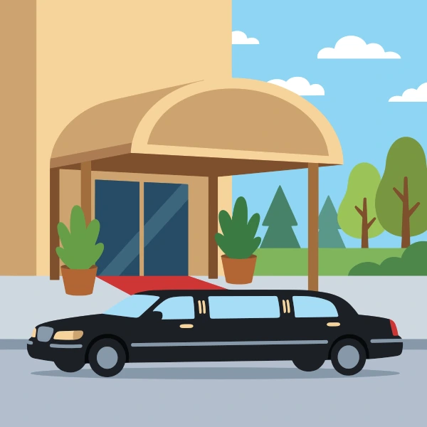 Navy blue, tan, and forest green limousine in front of colorful buildings, storefronts, signs, and clean pavement.