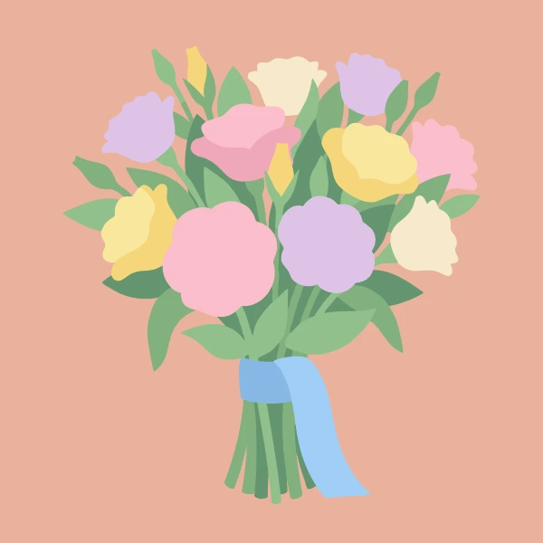 A wedding bouquet of pastel pink, lavender, yellow, and cream lisianthus flowers with green leaves tied with a pale blue ribbon, on a peach background