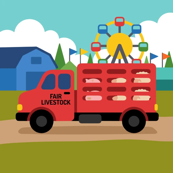 Red, black, and deep blue livestock truck surrounded by bunting, crowds, tents, animals, or bright signs.