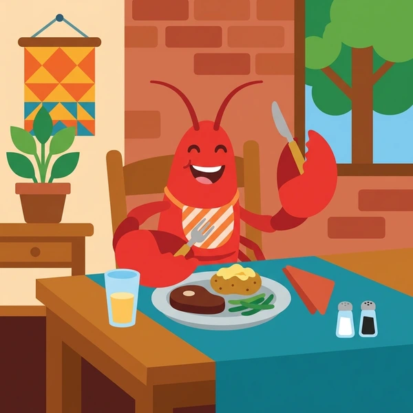 Lobster At Dinner Table scene showing whole cooked lobster, shell segments, lemon wedge, butter sauce, and dinner table setting in a food coloring puzzle
