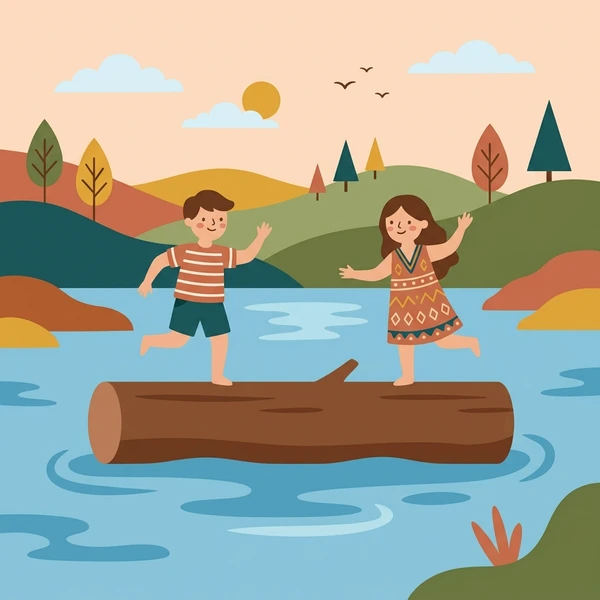 Two children balancing on brown floating log in calm blue lake with orange and green autumn trees and sandy shore in background