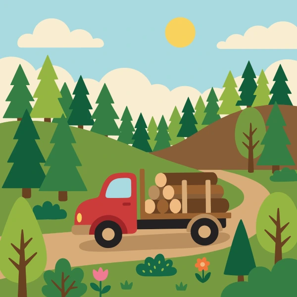 Forest green, earth brown, and red logging truck among trees, hills, or mountains with a winding path or river nearby.