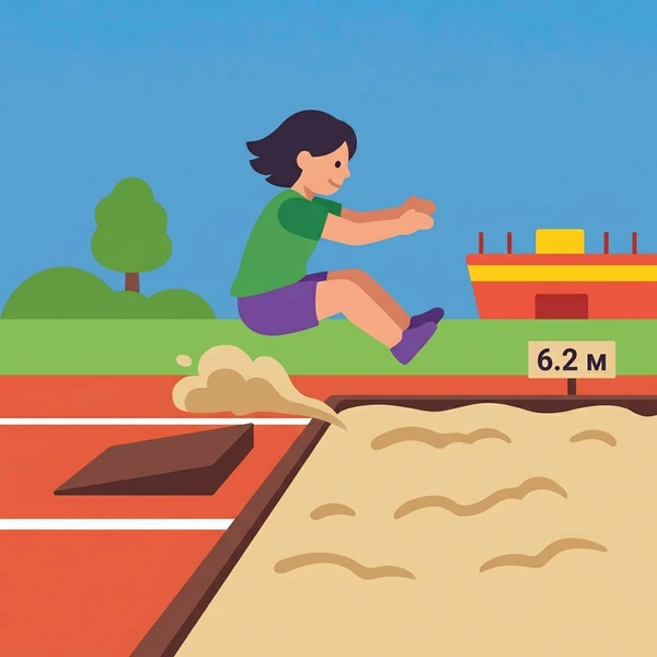 Female long jump athlete mid-leap over tan sand pit with 6.2M distance marker red track and red stadium building visible