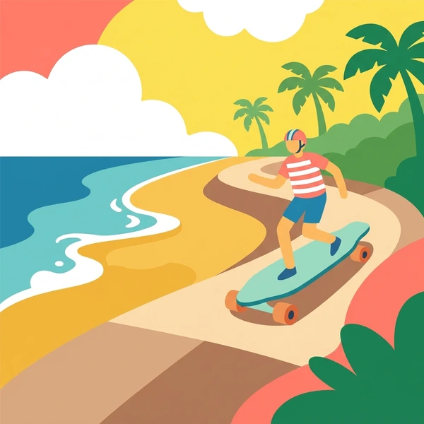 Skateboarder in red and white striped shirt on longboard with orange wheels riding sandy beach path toward palm trees and blue ocean