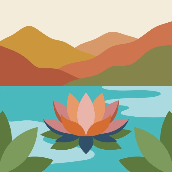 A large pink and peach lotus flower floating on a turquoise lake with layered warm ochre and terracotta mountains in the background