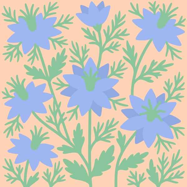 A repeating pattern of soft blue love-in-a-mist flowers with fine feathery green stems and leaves on a warm peach background