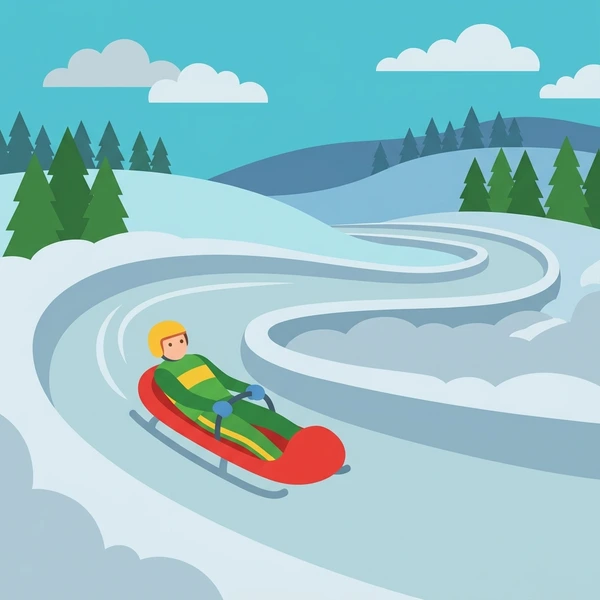 Luge athlete on sled navigating sharp icy track curve surrounded by snow and dark green pine forests with light blue sky