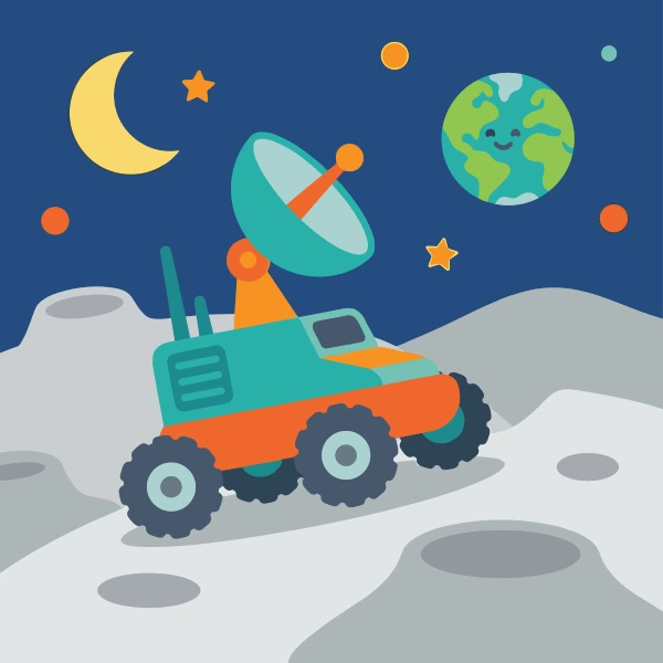 Orange, charcoal, and turquoise lunar rover set against stars, planets, moons, or glowing space colors.