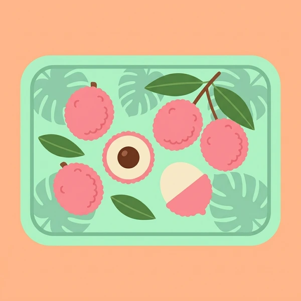 Lychee On Tropical Tray scene showing lychee fruits, textured pink skin, white interior flesh, dark seed, and tropical tray in a food coloring puzzle