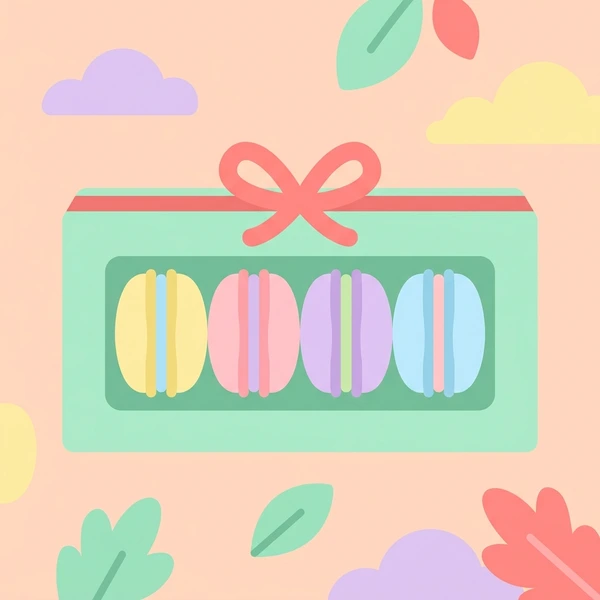 Macaron In Box scene showing macaron shells, cream filling, pastel color variety, and decorative gift box in a food coloring puzzle