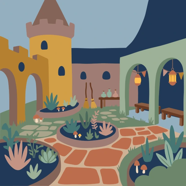 Wizard school courtyard with stone tower flying brooms lanterns and mushrooms growing nearby