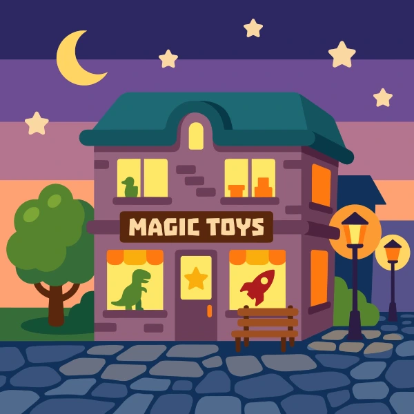Purple Magic Toys store at night with moon overhead and dinosaur and rocket in the window
