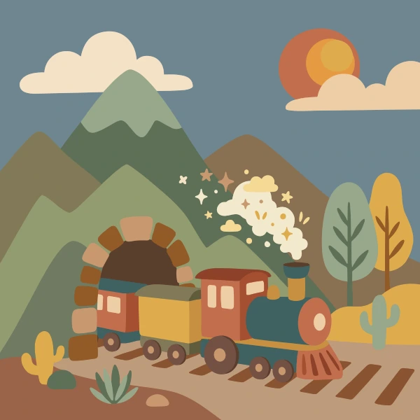 Magical train emerging from a mountain tunnel with starry magical smoke trailing behind it