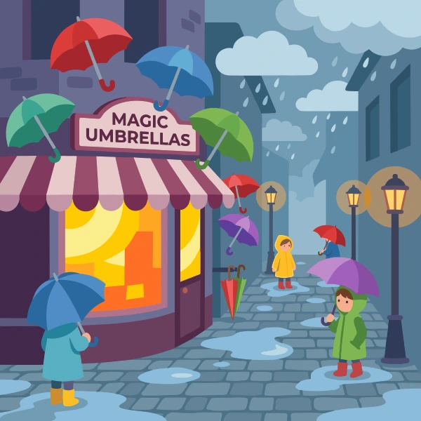 Magic Umbrella Shop free printable jigsaw puzzle & coloring page