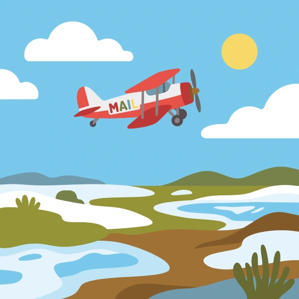 Olive green, gray, and red mail plane crossing sandy ground with dunes, warm hills, cacti, or a bright sun.