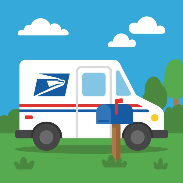Mail truck in sky blue, navy blue, and deep blue by mailbox, with turquoise sky and leaf green ground.