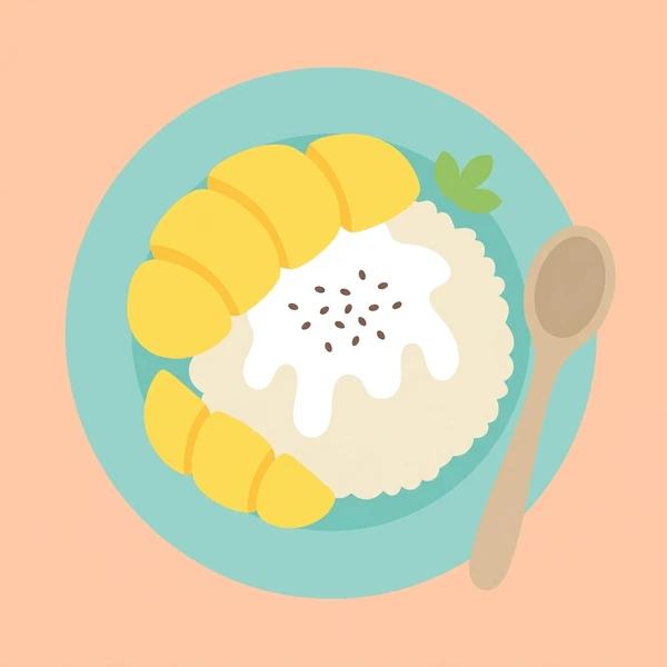 Mango Sticky Rice Plate scene showing mango slices, sticky rice mound, coconut cream drizzle, and decorative plate in a food coloring puzzle