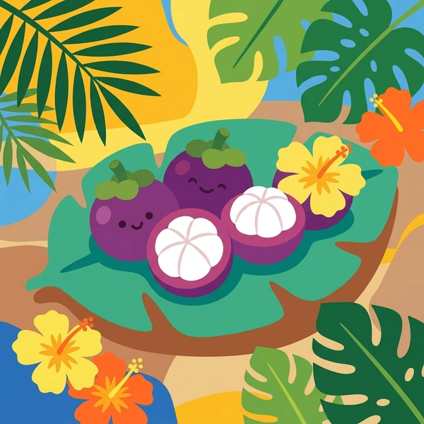 Mangosteen On Tropical Platter scene showing mangosteen fruit, purple rind, white interior sections, crown leaves, and tropical platter in a food coloring puzzle
