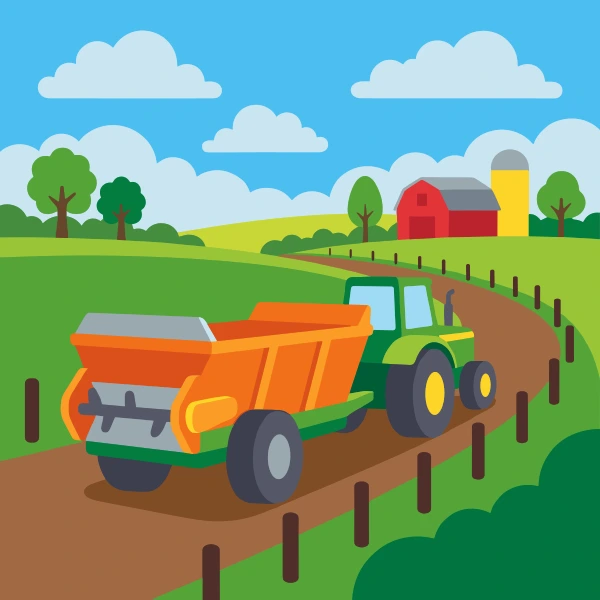 Leaf green, charcoal, and orange manure spreader in fields with barns, crop rows, hay bales, or farm animals under a bright sky.