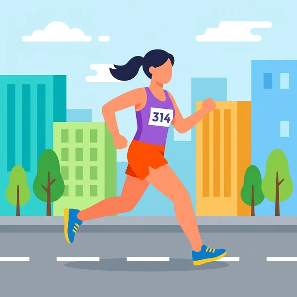 Female marathon runner with race bib 314 mid-stride on gray city road with tall green and tan buildings and green trees